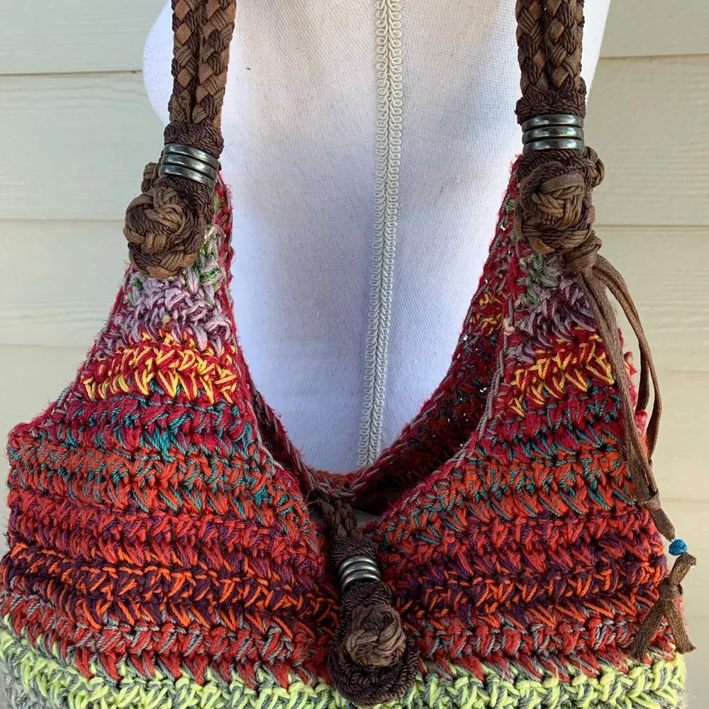 Happy And Free Crochet Handbag Boho Hippie Festival Bucket Bag